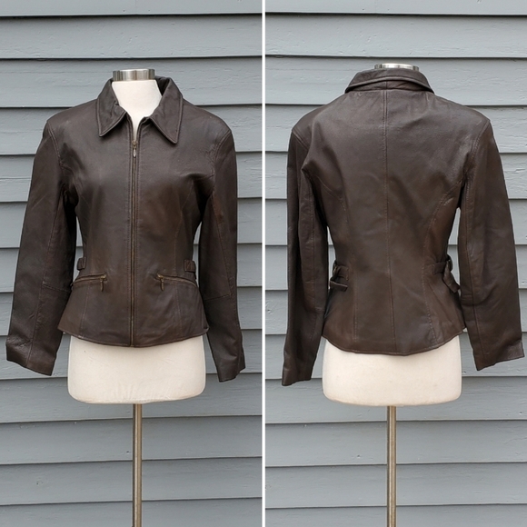 Vintage 90s y2k Wilson's Brown Leather Insulated Mid Length Racing Racer Coat Sm - Picture 1 of 6